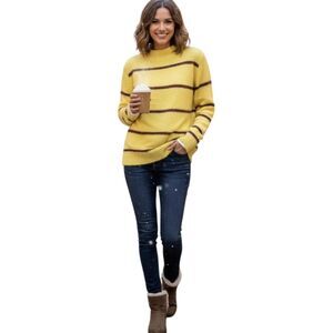 Tribekka 44 Sweater Womens Medium Citron Yellow Mock Neck Striped Rainbow Tinsel